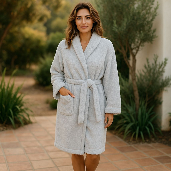 Pottery Barn Teddy Bear Sherpa Gray Blue Cozy Spa Wrap Robe Size Medium - Picture 1 of 13